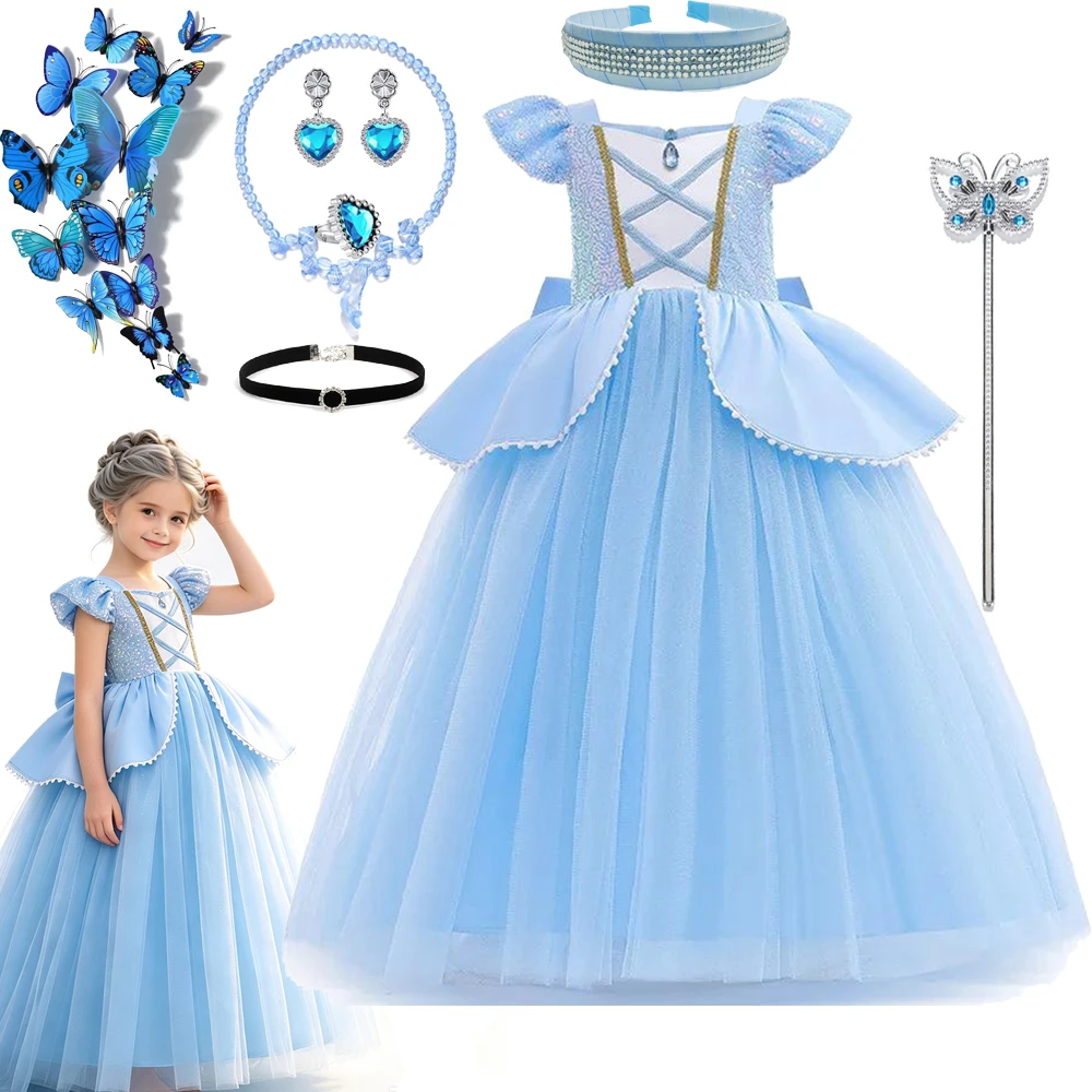 Cinderella Blue Short Sleeve Princess Dress for Girls Ball Party Stage Cosplay Costume Outfit