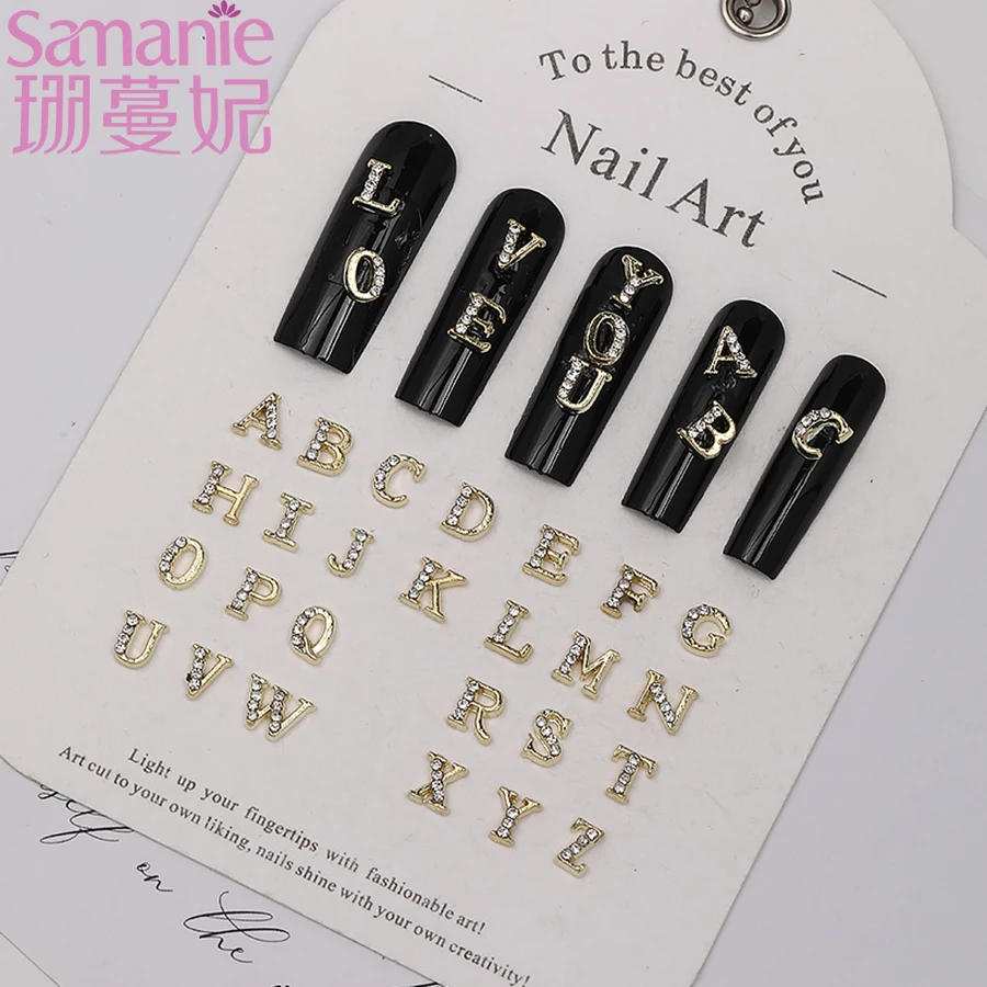 24 Grids Mixed Trendy 3D Alloy Rhinestone Alphabet Nail Charms Set-A-Z Letters Gems Custom Name Initial Nail Art DIY Accessories
