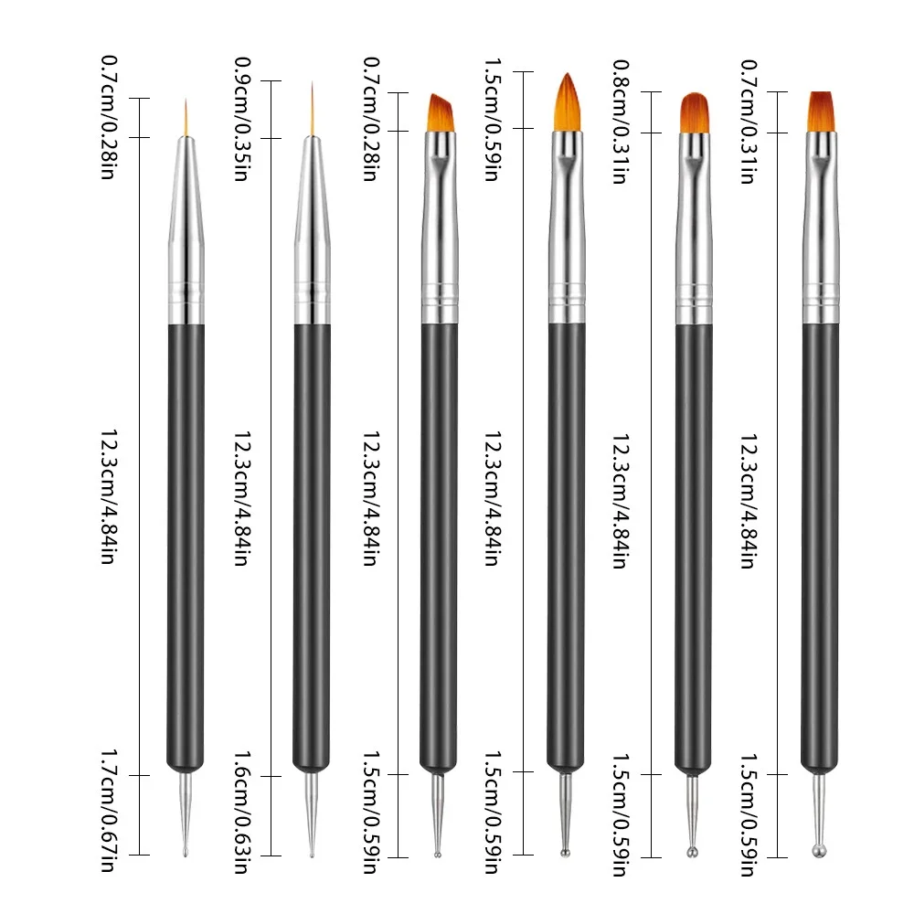 Double Ended Nail Art Brushes 6Pcs Kit, Professional Gel Liner Detailing Drawing Paint Pens, Multi-Function Nail Design Tools