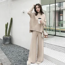 2019 autumn winter 2 piece set women knitted suit loose half turtleneck sweater wide legs pants suit tracksuit trousers