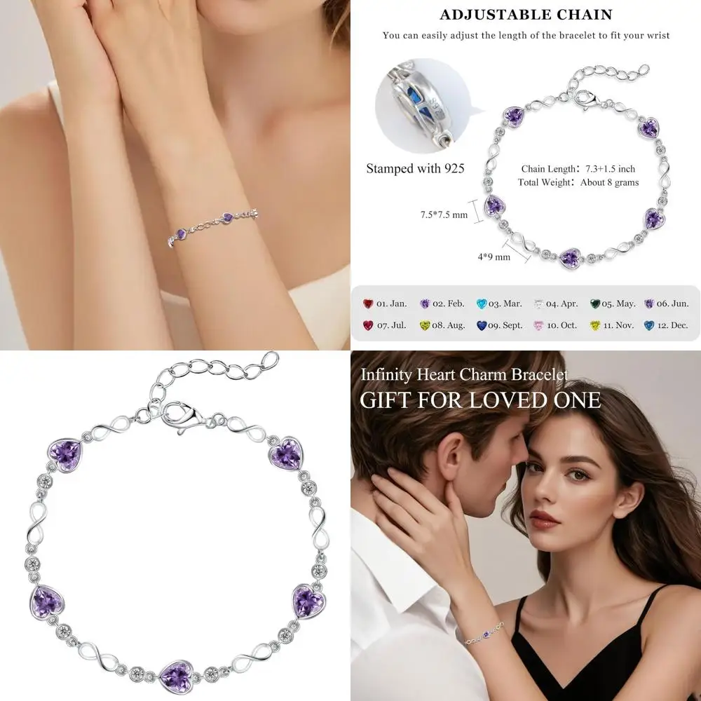 

Sterling Silver Women's Birthstone Infinity Heart Tennis Bracelet with White Gold Plating, 7.3 Adjustable for Gifts