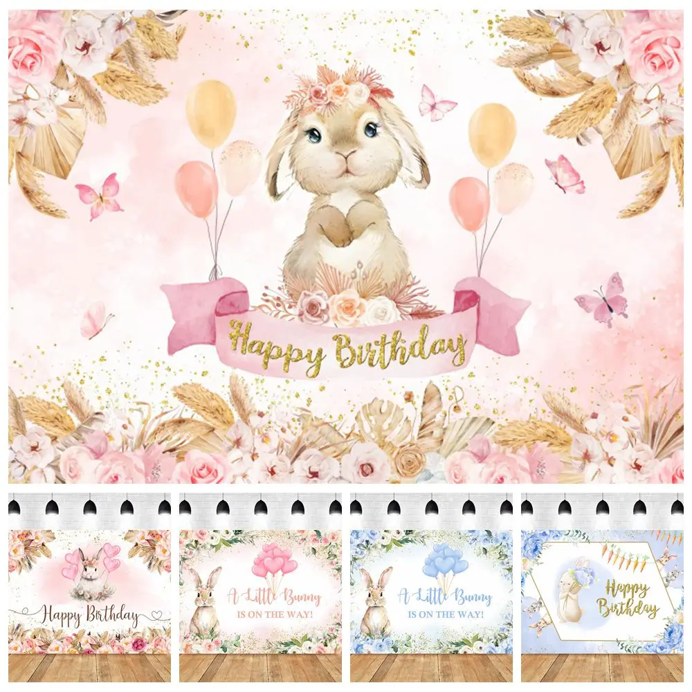 

Cute Rabbit Birthday Party Backdrop Flowers Leaves Spring Easter Bunny Baby Kids Photography Background Decor Banner Photostudio