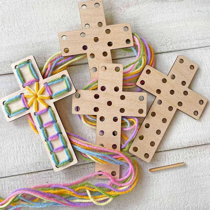 Easter Decor Unfinished Wooden Crosses Yarn Craft Kit, Wood Ornaments For Easter Gifts Baskets Sunday School Family