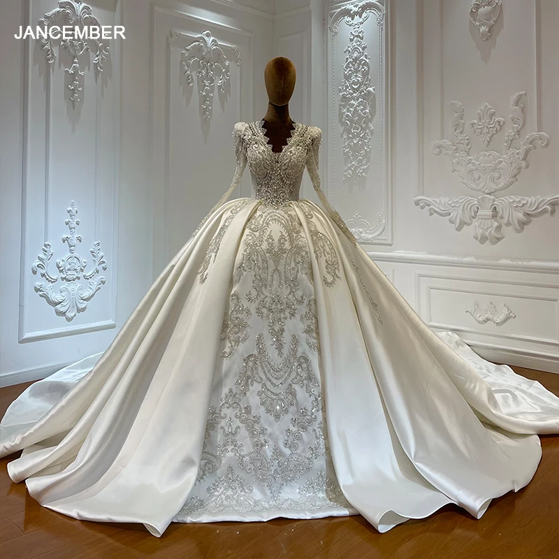 

Jancember Elegant Wedding Dresses 2024 Long Sleeve White Ivory Applique Lace Lady V-Neck Bridal Gowns Princess Sexy Backless