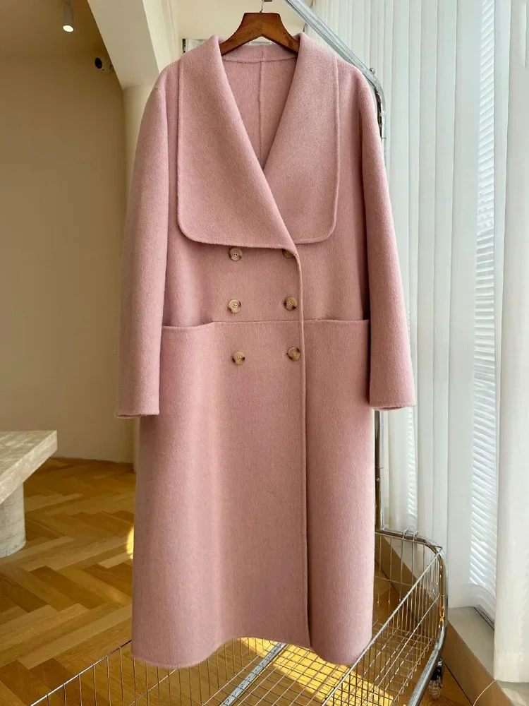 

New Women Alpaca Wool Double-sided Coat Thick Big Lapel Double Breasted Cashmere Woolen Coats Warm Loose Female Autumn Winter