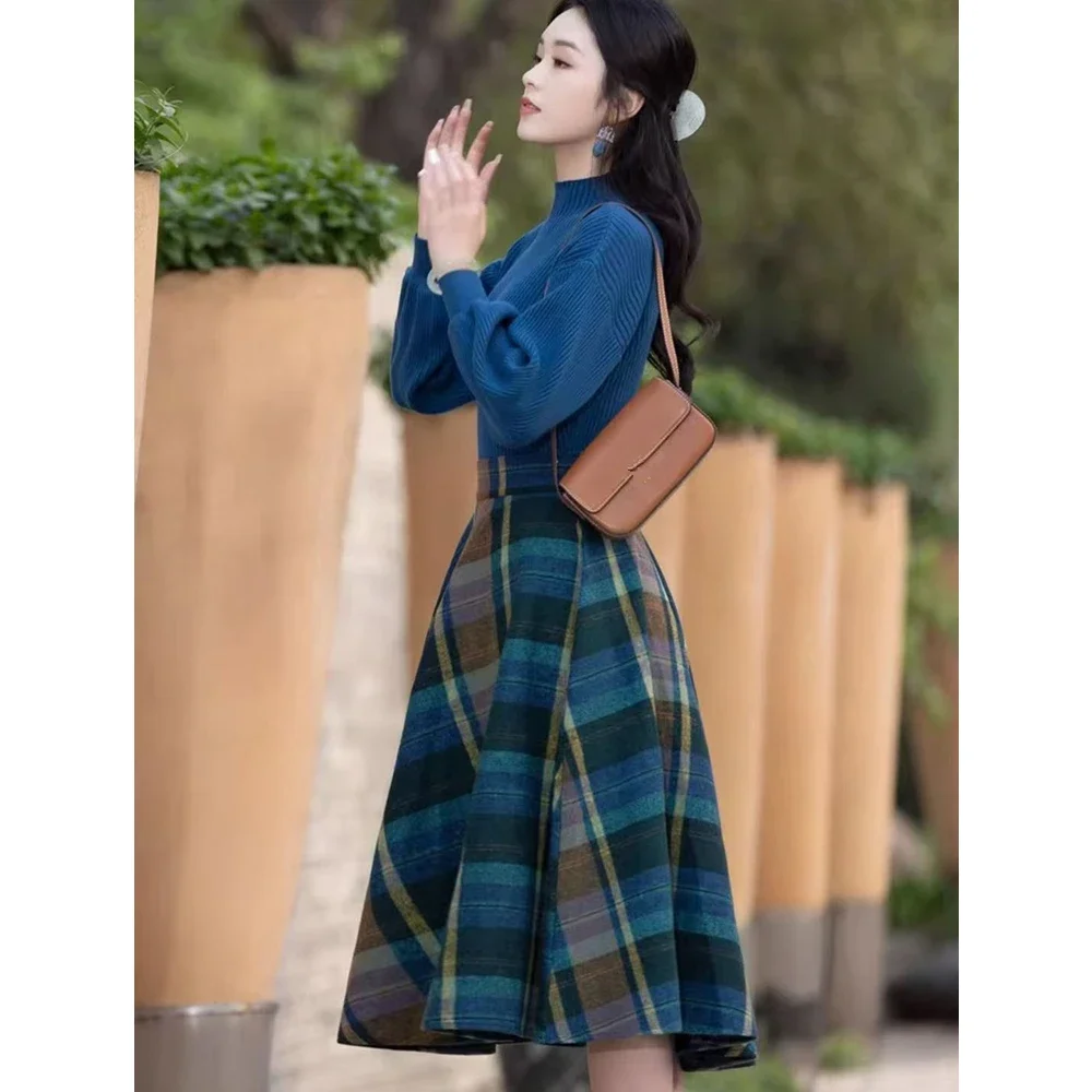 Falls Retro Style Women's Puff Sleeve Sweater Plaid Midi Skirts Sets Lady Graceful Autumn Knit Tops High Waist Wool Skirt Outfit