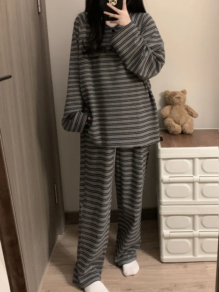 Large size 100kg striped pure cotton long sleeved pajama set for women\'s spring autumn 2024 new autumn can be worn externally