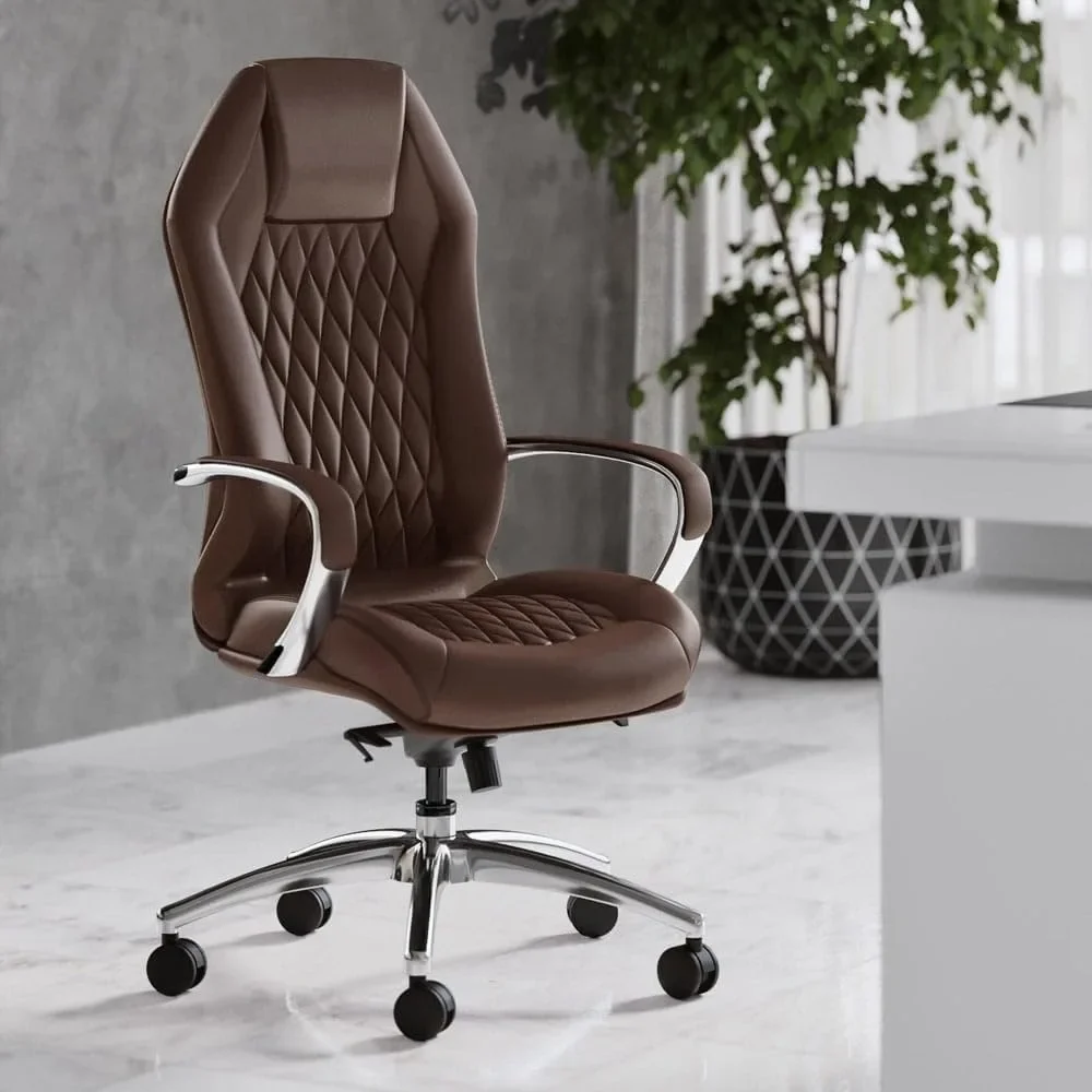 Modern Ergonomic Sterling Genuine Leather Executive Chair with Aluminum Base