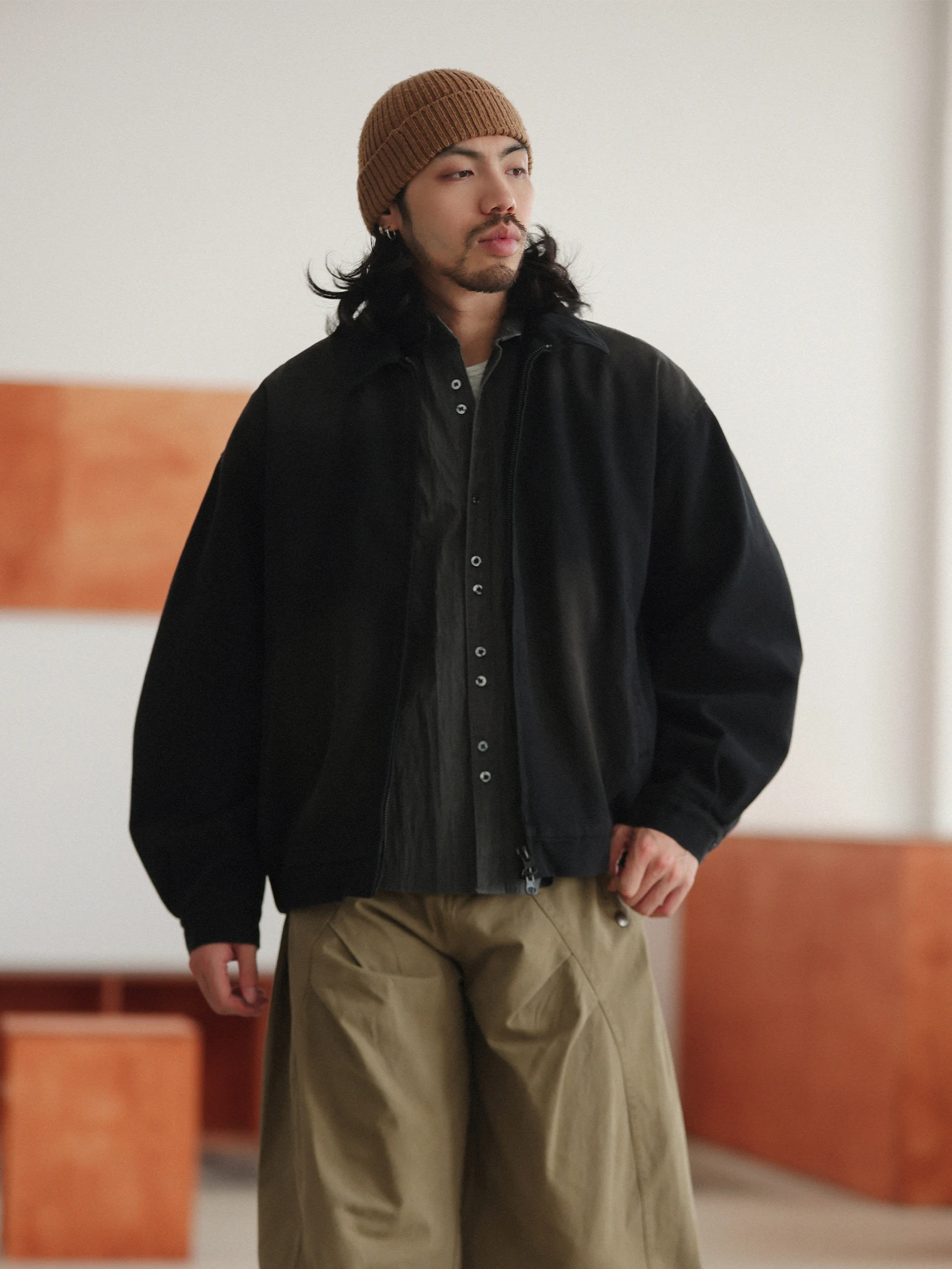 

Мужская винтажная куртка Noears свободного кроя с открытыми плечами, повседневная, из хлопка, на молнии, однотонная, для осеннего сезона