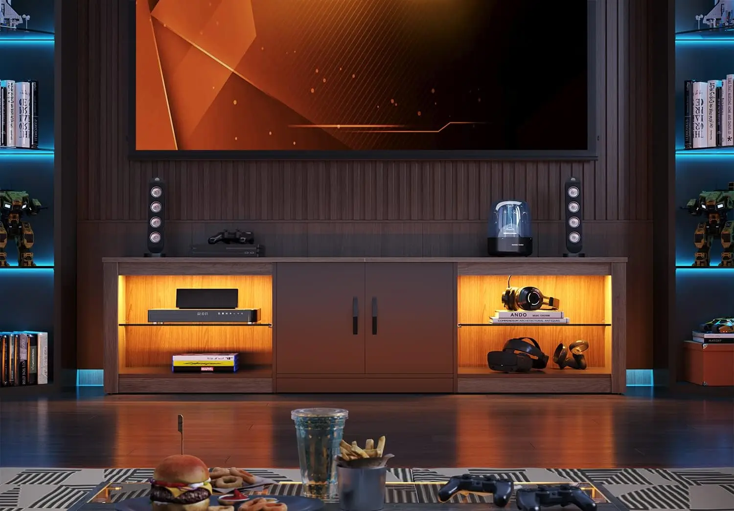 70 Inch Led TV Stand for 75 Inch TV Large Entertainment Center Gaming with Adjustable Glass Shelves Two Cabinets Modern image 3