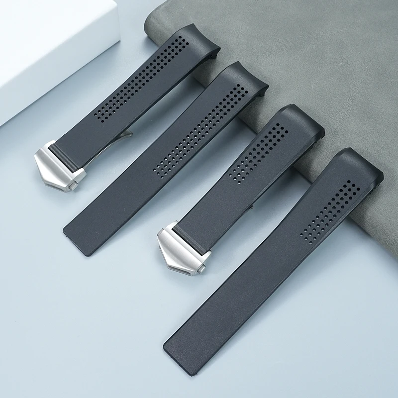 20 22 mm Men's Classic Curved End Silicone Rubber Watchband Black Folding Clasp Strap Fit For TAG Heue Carrera Calibre Watch