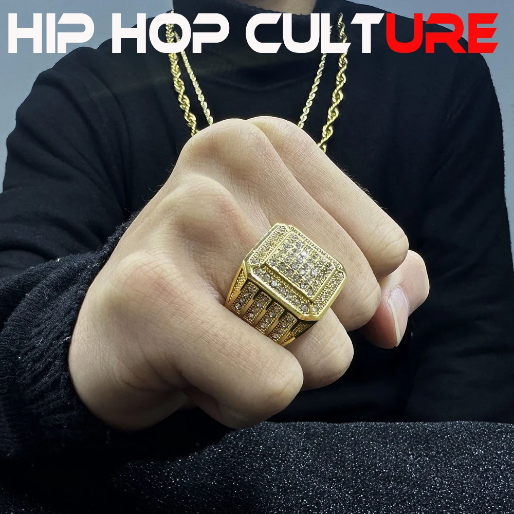 Men's exclusive 18K gold-plated ring, diamond inlay, luxurious customization, suitable for hip-hop rap, street gangs, parties