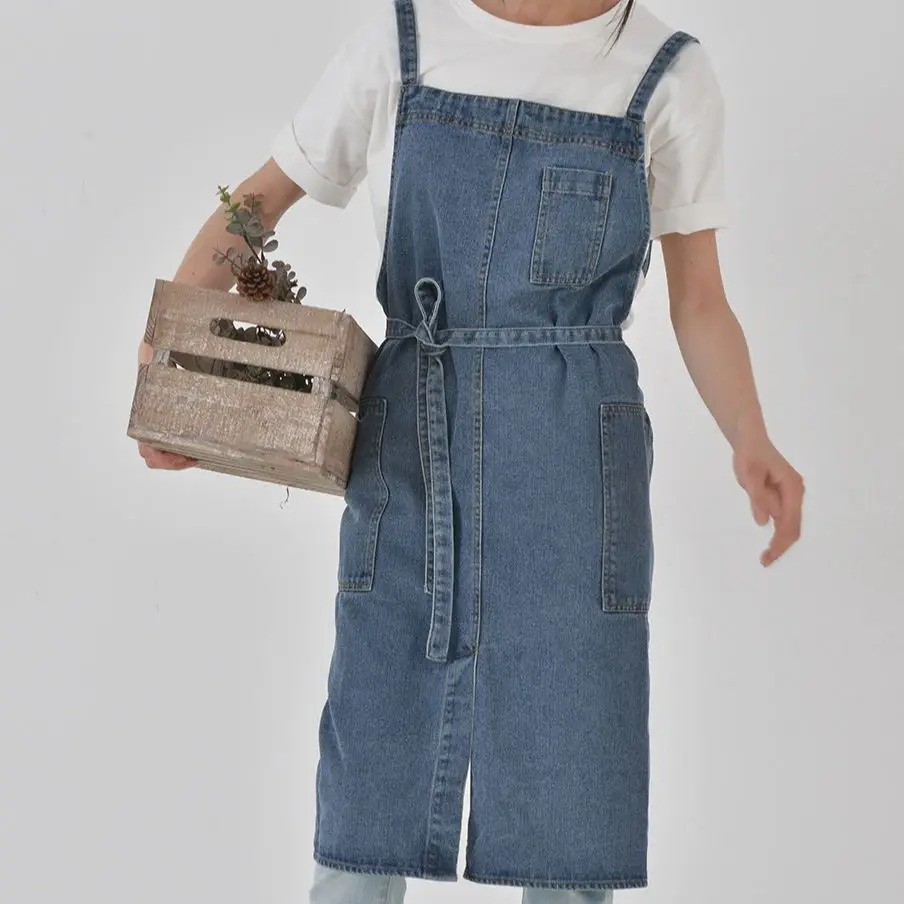 

Cotton Canvas Thickened Denim Apron Stain Resistant Household Kitchen Work Uniform Bib Waist Chef Bartender Work 3 Pockets