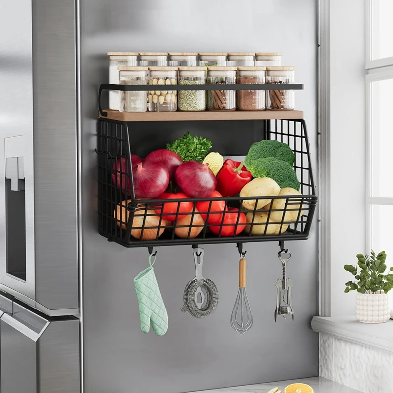 Magnetic Shelf For Fridge  With Wood Lid Spice Rack For Refrigerator Fruit Basket With 4 Hooks For Kitchen Organization