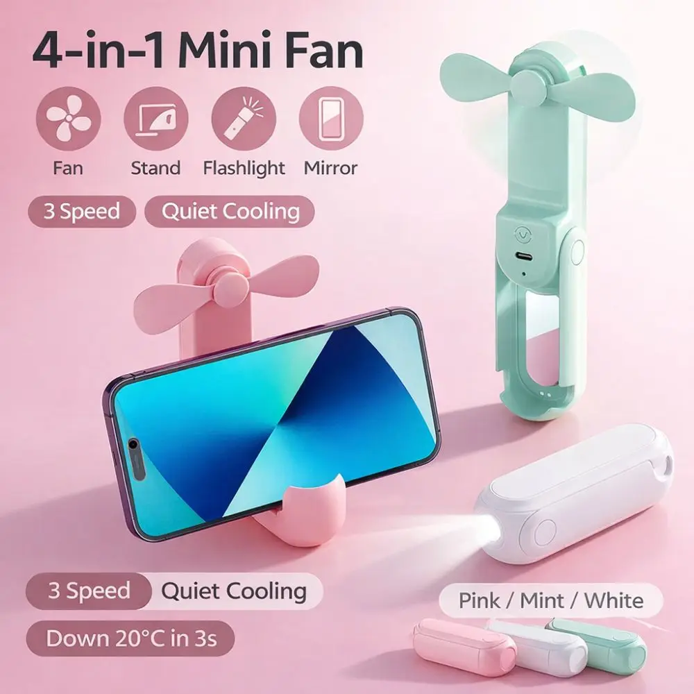 3 IN 1 Handheld Mini Fan 3 Gears 1200 MAh Folding Flashlight Fan USB Rechargeable Lightweight Pocket Silent Fan Summer Outdoor