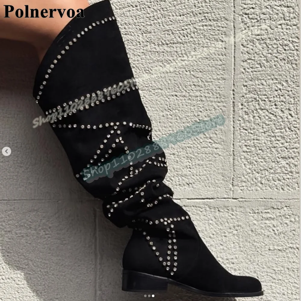 

Plus Size Knee High Black Flock Beveled Crystals Boots Flats Shoes For Women Slip On Pointed Toe Sparkling Occidental Boots