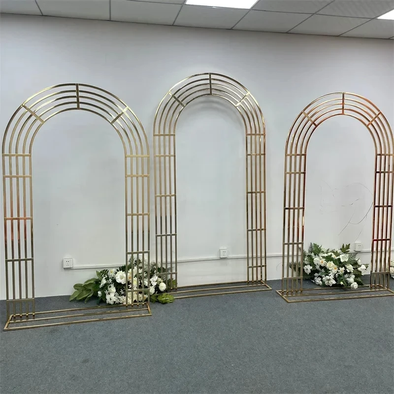 3-teiliges, glänzend vergoldetes 2,2 m langes quadratisches Hintergrundregal, geometrischer Blumenbogen für Hochzeiten, Türständer, künstliche Floristenbedarf. – Detail 40
