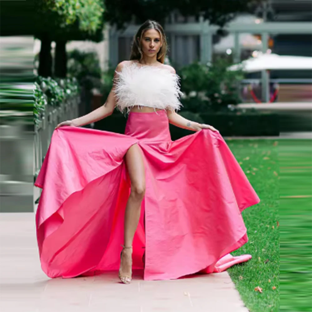 Pink High Slit  Lady Long Skirts  Floor Length Women A Line Skirt High Waist Formal Wear Zipper Back Girls Birthday Party Skirt