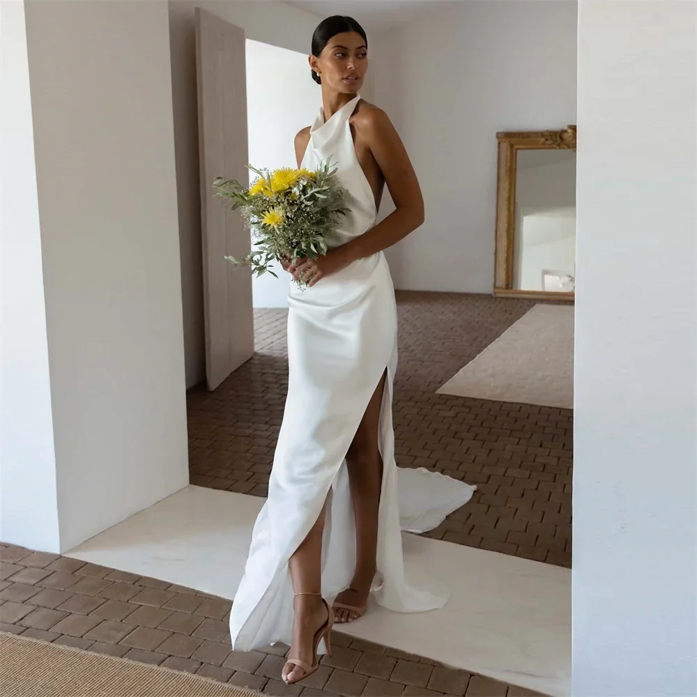 

Простое свадебное платье русалки без рукавов по индивидуальному заказу, атласное свадебное платье с открытой спиной и высоким боковым разрезом длиной до пола