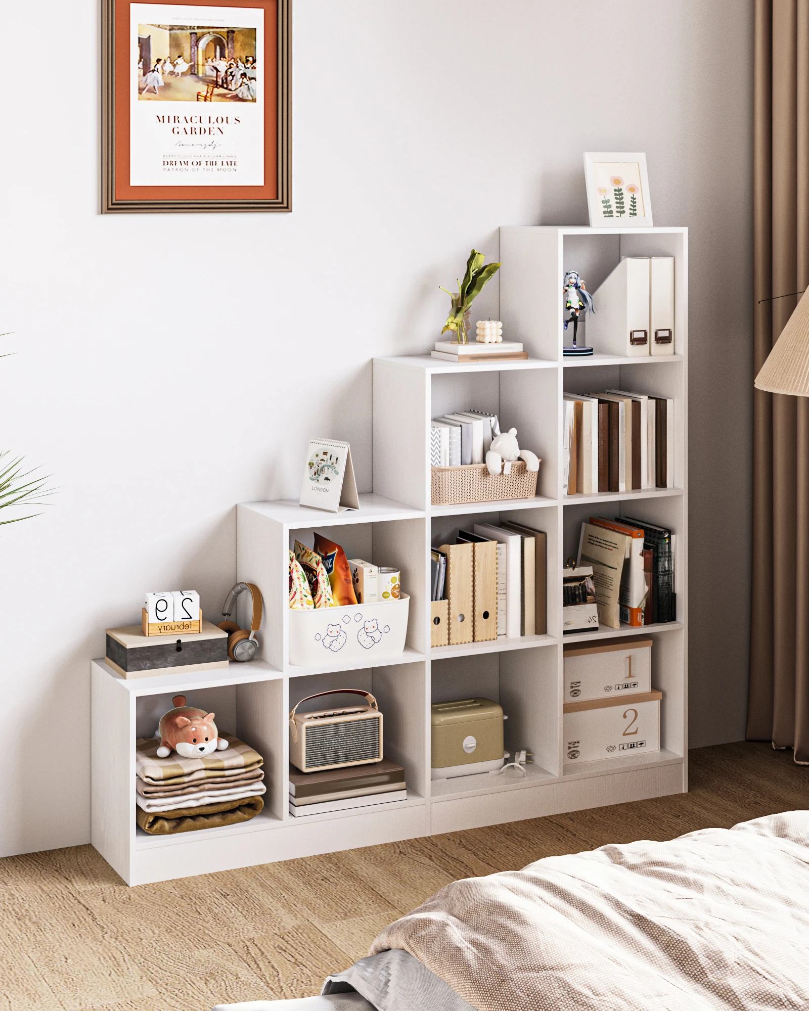 Librería con 10 cubos, compartimentos abiertos, estante de 4 niveles, paneles ajustables, gabinete, estante de cubos, estante de paso, organizador de exhibición