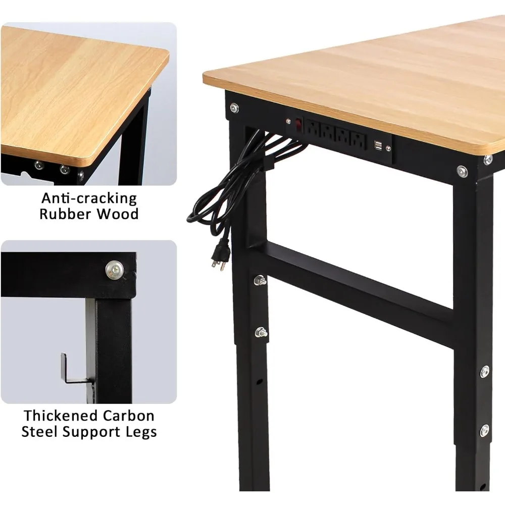 مقعد عمل قابل للتعديل مع مخرج طاقة، طاولة عمل للمرآب، منضدة من الخشب الصلب بسعة 2000 رطل، طاولة شديدة التحمل للعمل