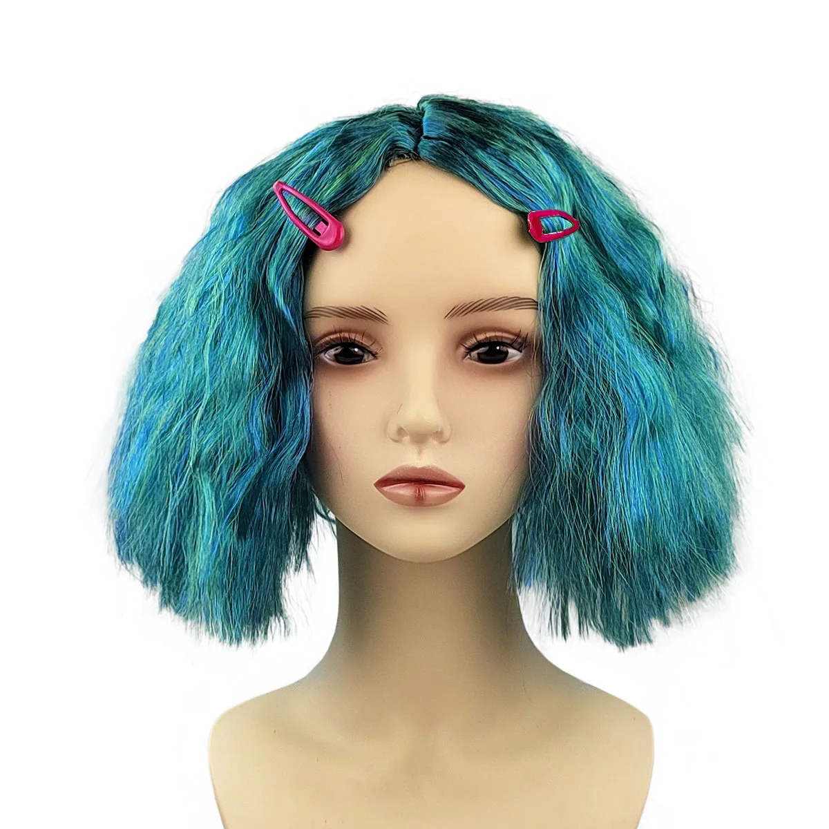 Disney Inside Out 2 Envy Wig Short Blue Curly Heat Hairpiece Masquerade Cosplay Headgear Head Cover Wig Cap with Water Drop Clip