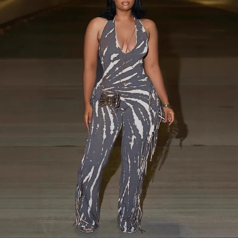 

Sexy Halter V-neck Backless Jumpsuit for Woman Party Club Print Sleeveless Tassel Rompers Womens Jumpsuit One Pieces Overalls