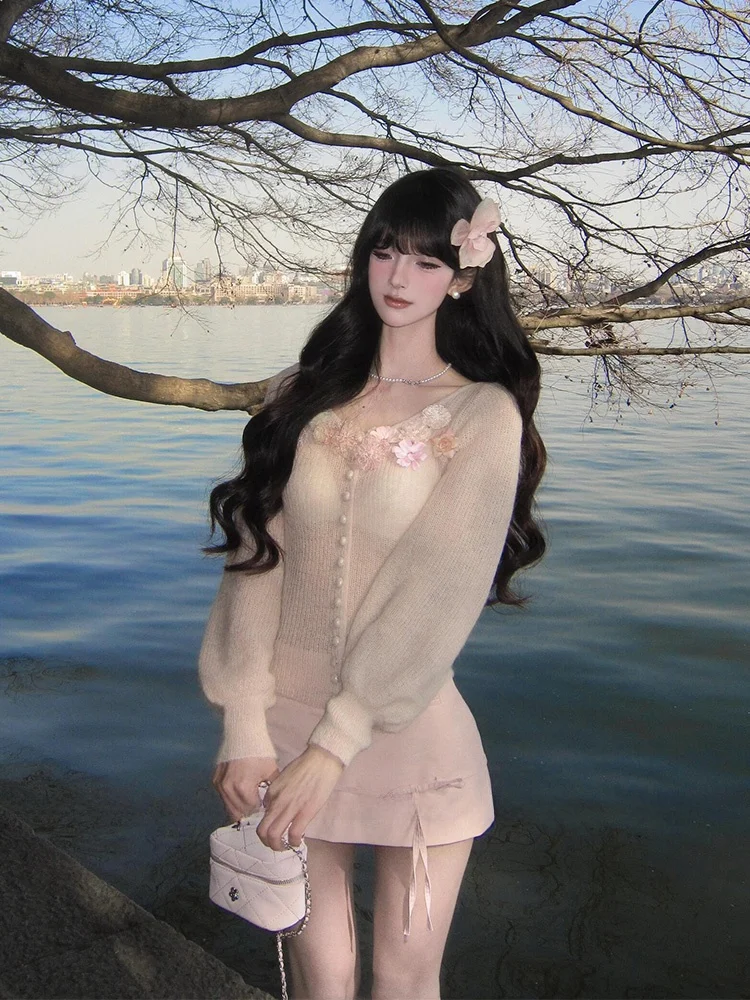 

XZY Sweet Pink 3D Flower Knitted Top And Skirt Set plus Size Women's Faion Spring Outfit High Waist A-Line Skirt