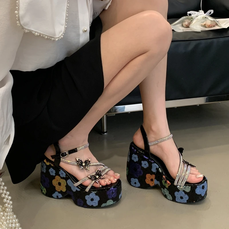 13cm Wedge Sandals Woman Sequins Heel Platform Shoes Summer Bow Belt High Heels Ladies Dress Shoes Black Sandales Femme