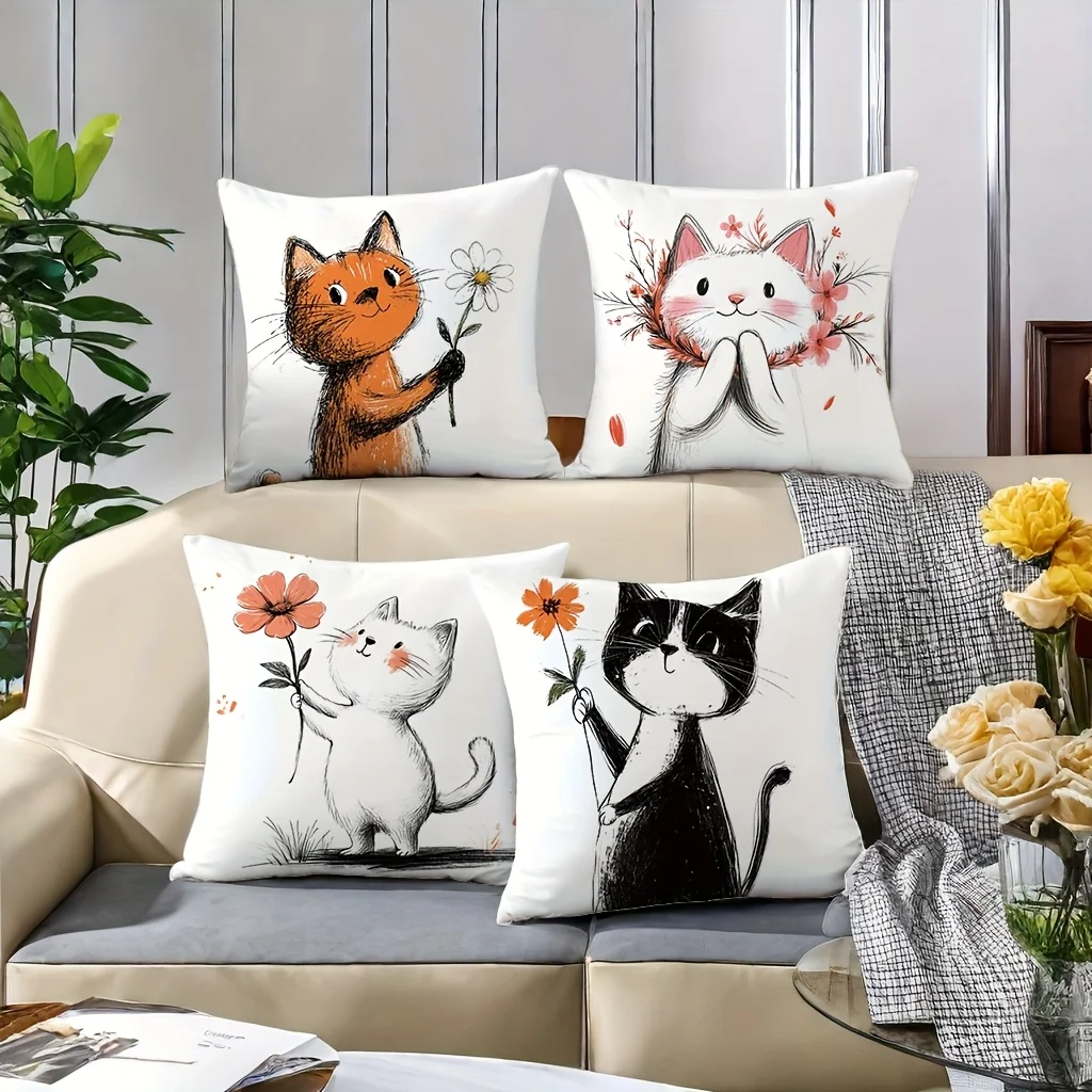 4pcs cute cat and the flowers Single-sided printing Short plush Suitable living rooms bedrooms sofas (excluding pillow cores)