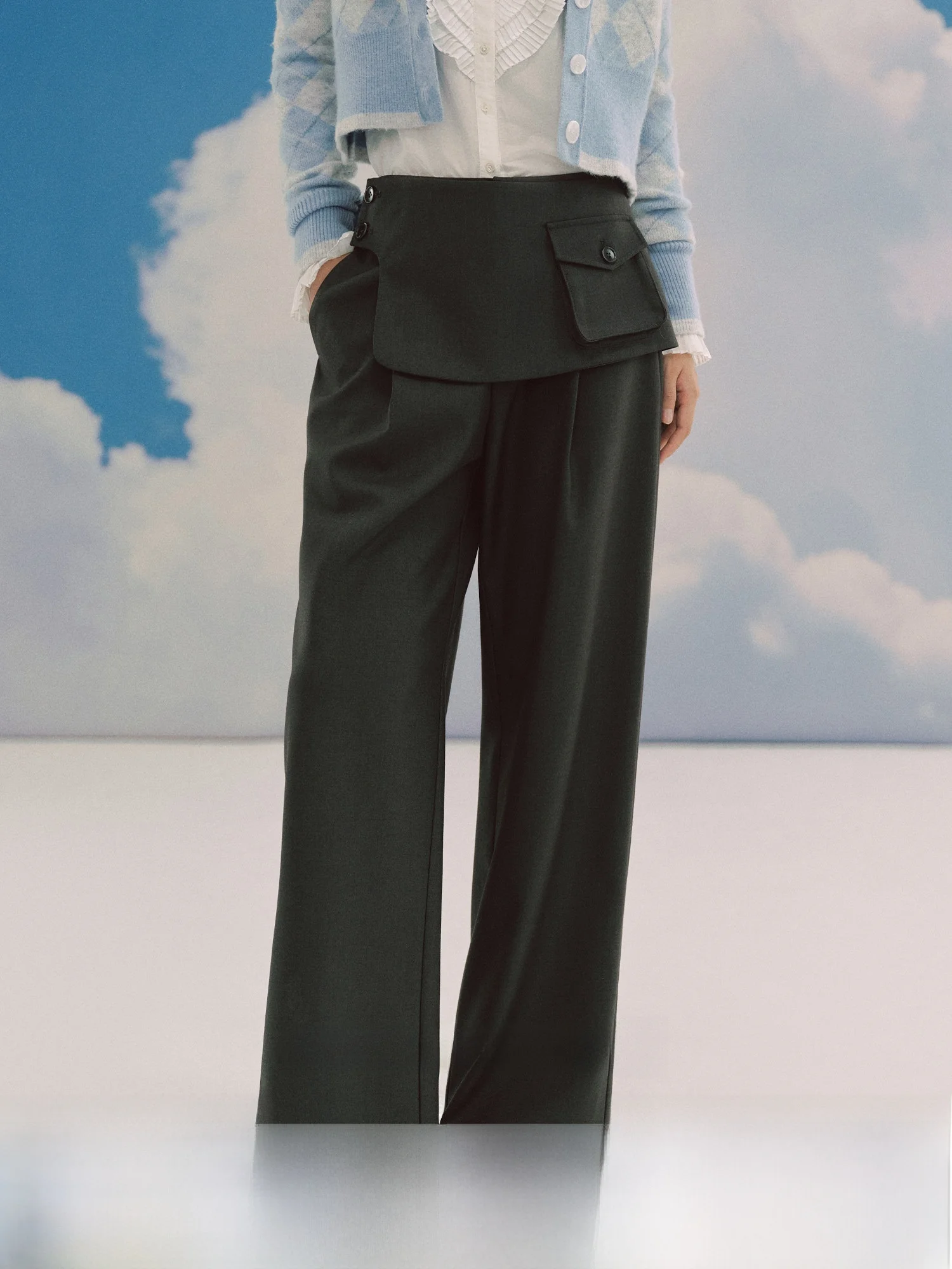 

LaluneDuCiel Detachable Skirt Blouse Two-Piece Set Casual Diamond Pattern High Waist Straight Leg Pants for Young Women