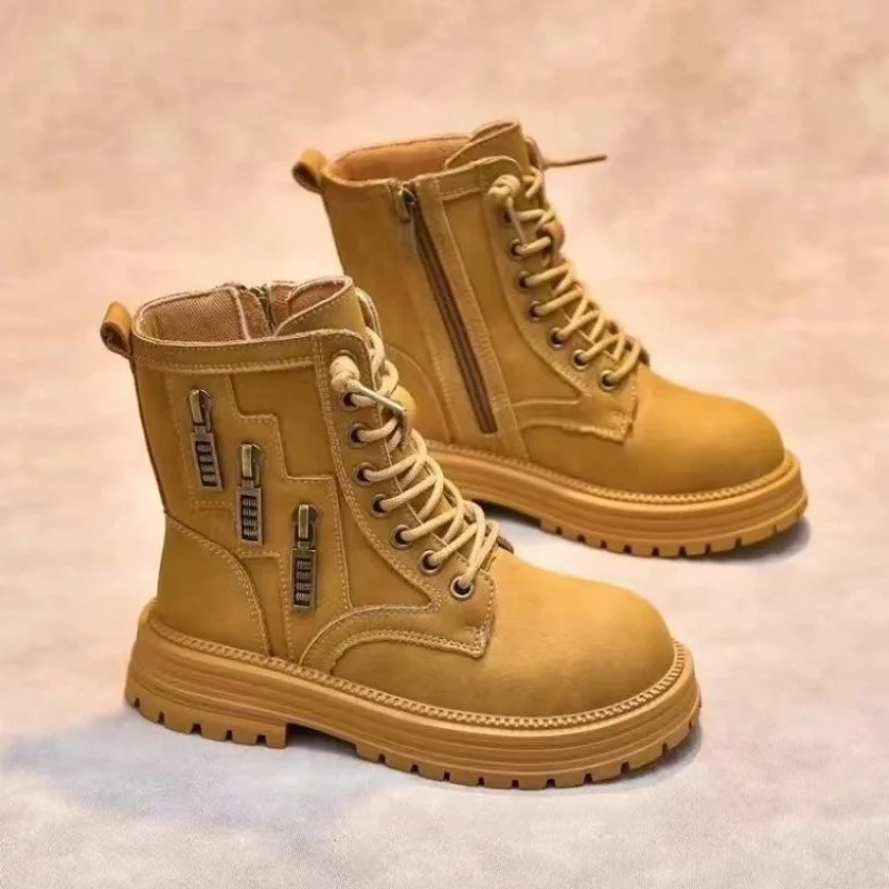 

Warm Plush Lined Children's Ankle Boots 2025 New Winter Yellow Leather Shoes for Girls Non-Slip Casual Footwear