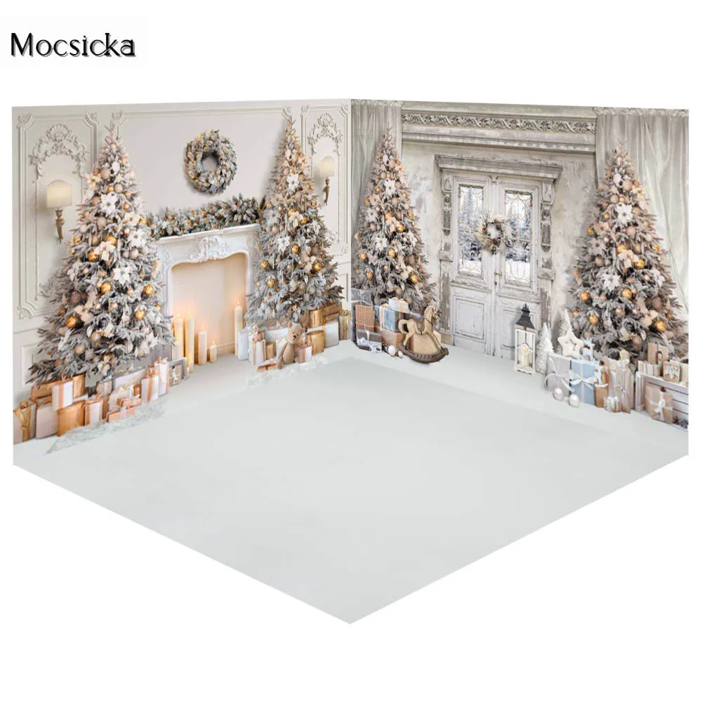 

Mocsicka Winter Christmas Fireplace Backdrop For Photography White Retro Wall Christmas Tree Gift Kids Portrait Photo Background