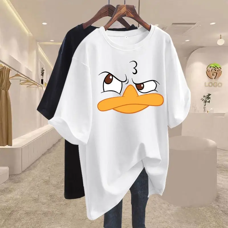 Women Basic T-shirt Summer Short Sleeve Simple O-neck Pure Cotton Tops Chic Cartoon Printed Pullover