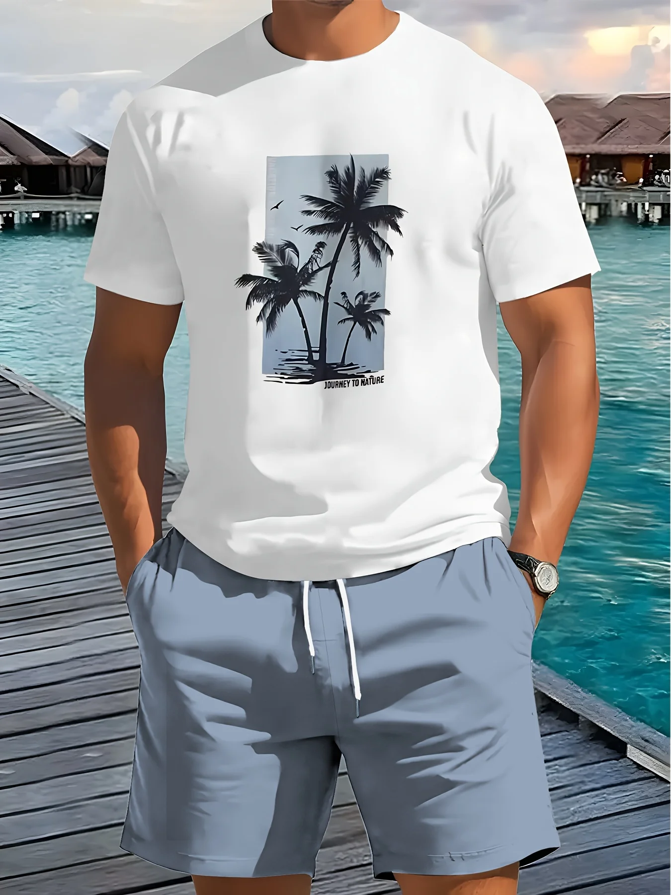

3D Printed Men's Summer Fresh T-shirt And Shorts Set Fashion Coconut Tree Design Slightly Stretchy Regular Fit Polyester Fabric