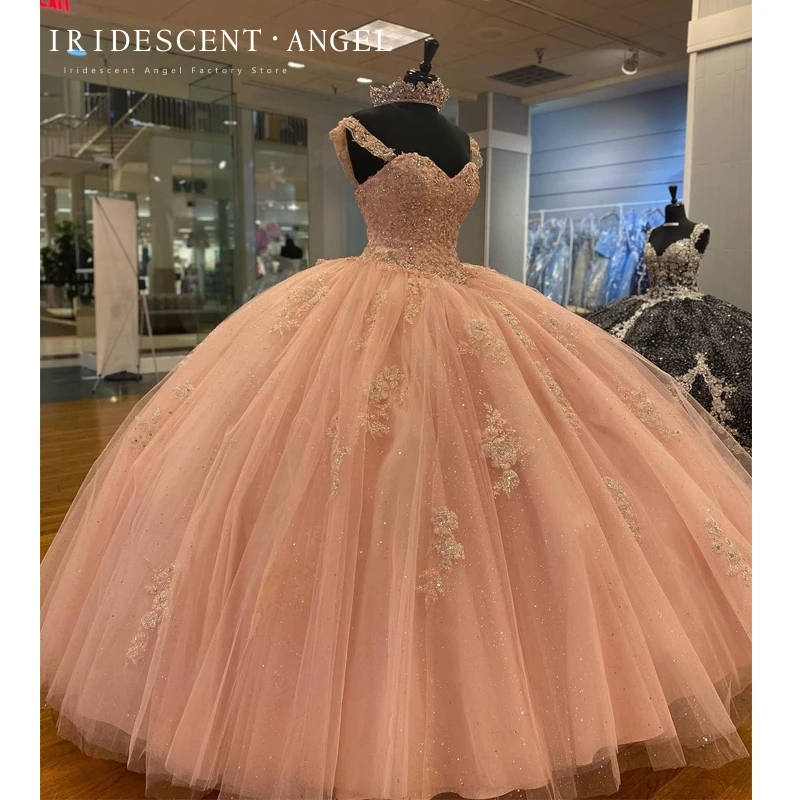 Iridescent Ball Gown Pink Quinceanera Dresses Tulle Lace Up Back Beading Appliques Sweet 16 Princess Birthday Formal Party Dress