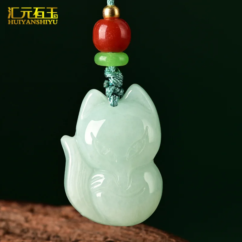 Natural A-grade Nine-Tailed Pendant, Burmese Jade Small Fox Lotus Jadeite Ornament