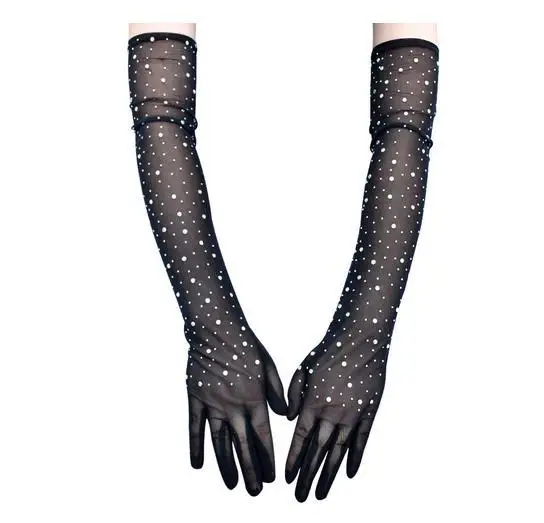 1Pair Black Rhinestone Gloves Sheer Mesh Tulle Long Stretchy Sparkly Gloves for Women Wedding Evening Party Bridal Rave Supplies