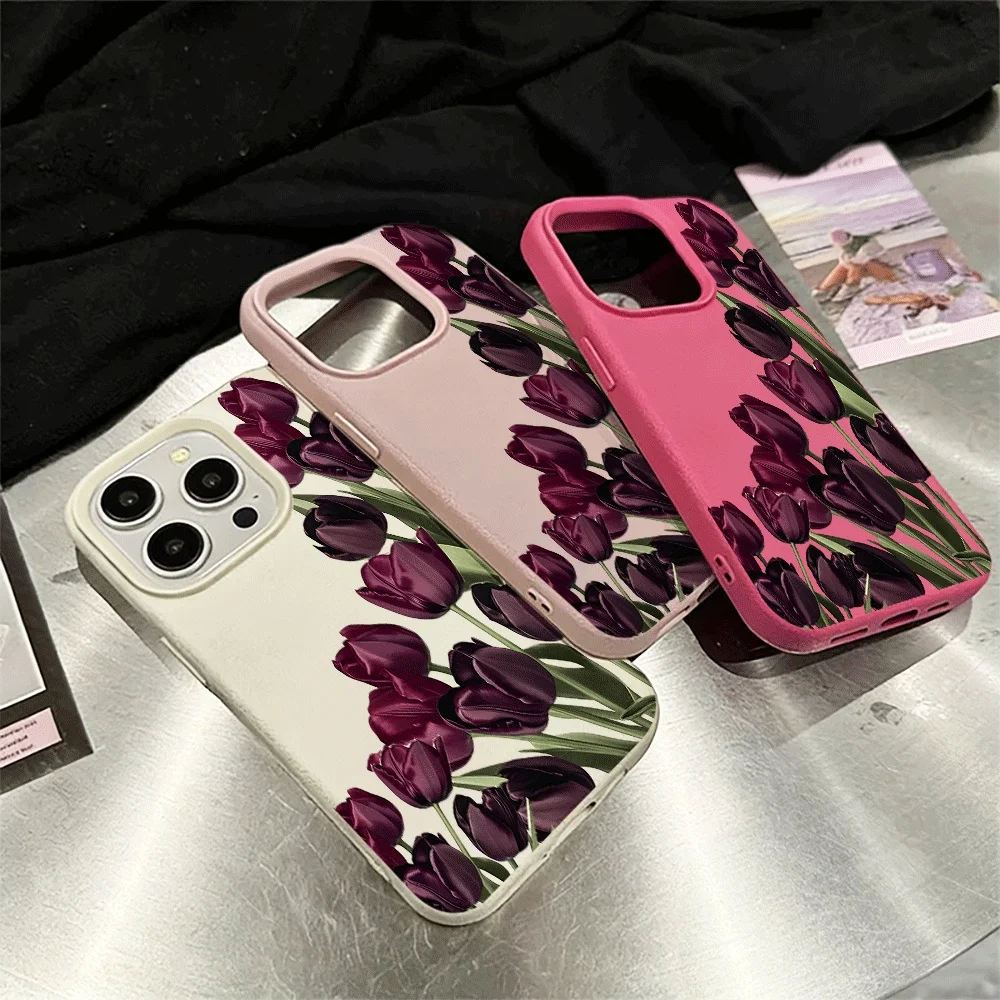 Dunkelviolette Tulpen-Handyhülle für iPhone 17 16 15 14 13 12 11 Pro Max 16 15 14 Plus 17 16 15 Pro 17Air XR XS Silikon-Matt-Abdeckung – Detail 3