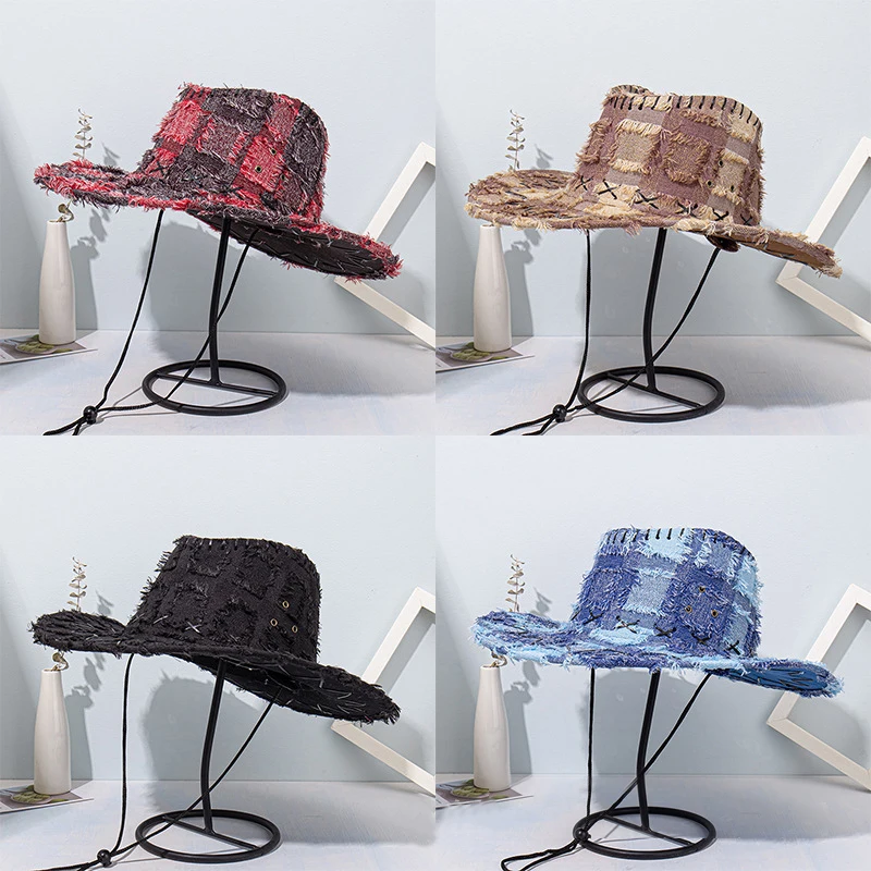 Chapeau de soleil à carreaux en Denim, casquette seau à large bord, chapeau de Cowboy occidental, protection solaire, Camping en plein air, voyage, chapeau de pêcheur