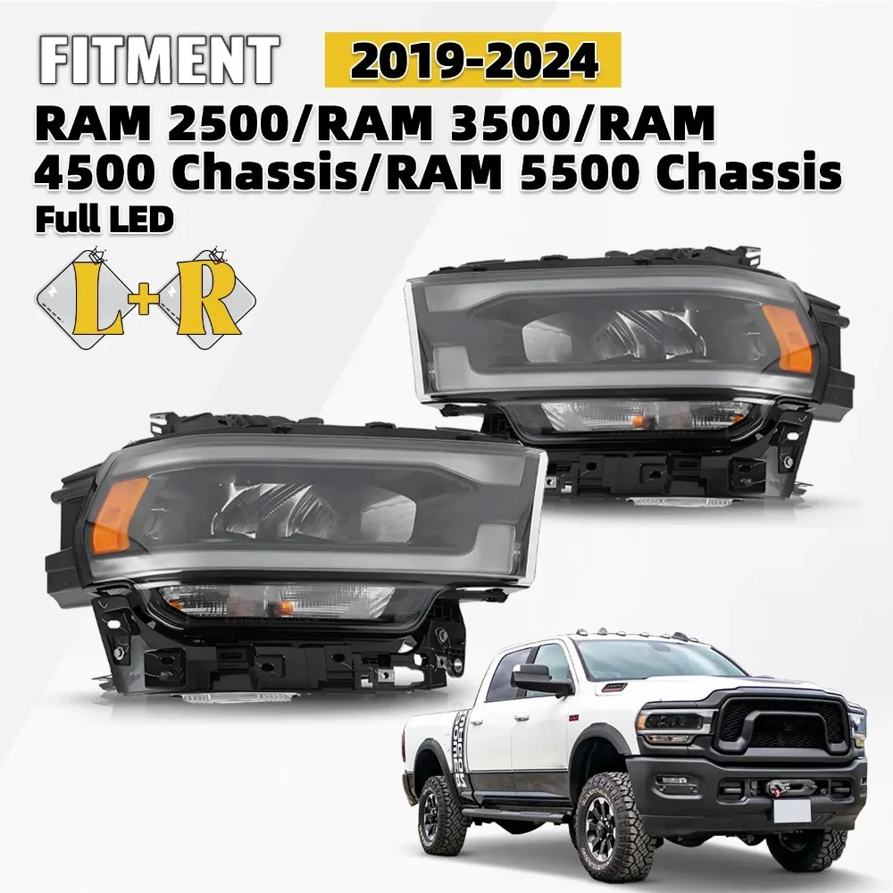 

For 2019-2024 Ram 2500 3500 LED Headlight w/ Module Black Bezel Right+Left Pair