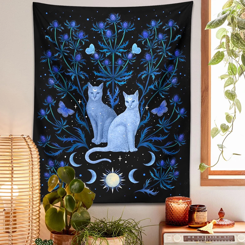 Blue Thistle Cat Tapestry Wall Hanging Psychedelic Moon Sun Moth Cat Leaf Flower Divination Occult Home Wall Black Cool Decor