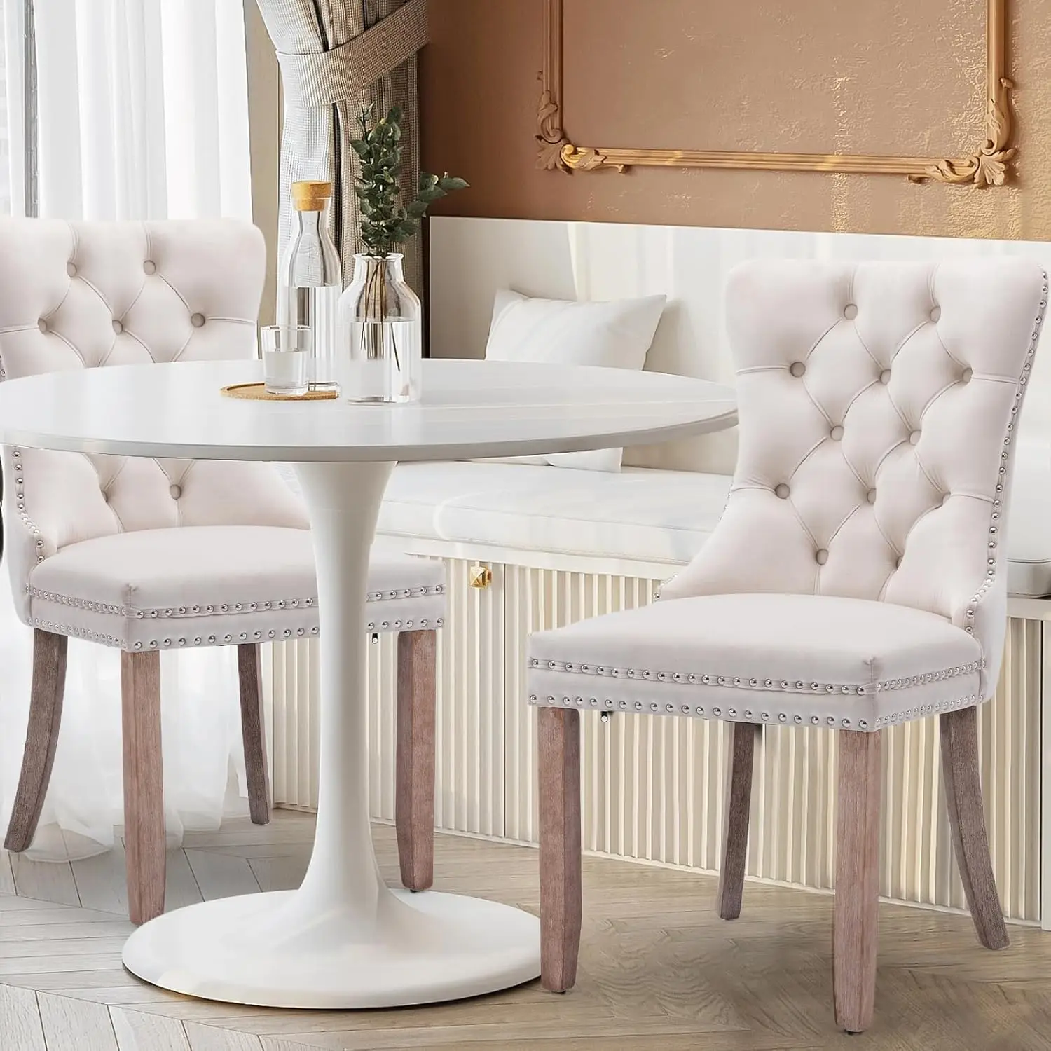 Velvet Upholstered Dining Chairs Set of 2, Modern Style Kitchen Side Chairs with Nailhead Trim and Wood Legs,Metal Pulling Ring