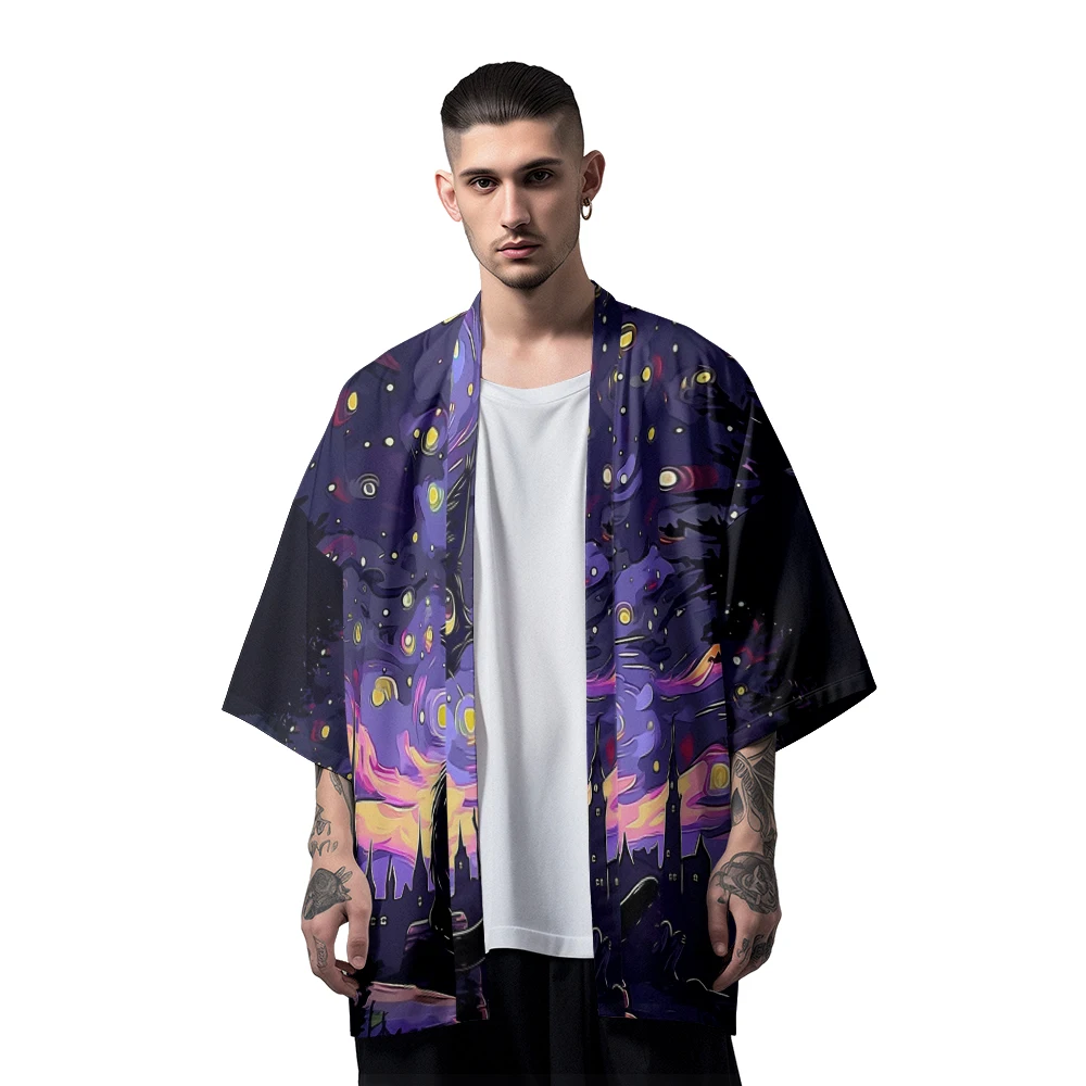 

Classic Versatile Model Deep Hollow Kitten Oil Painting Feather Woven Men's Country Fashion Design Casual Dojo Kimono Mens Tops