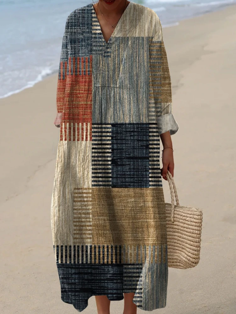 فستان نسائي قميص طويل الأكمام مطبوع عليه زهور ثلاثي الأبعاد ورقبة على شكل حرف V فستان ماكسي كاجوال للإجازات بوهو