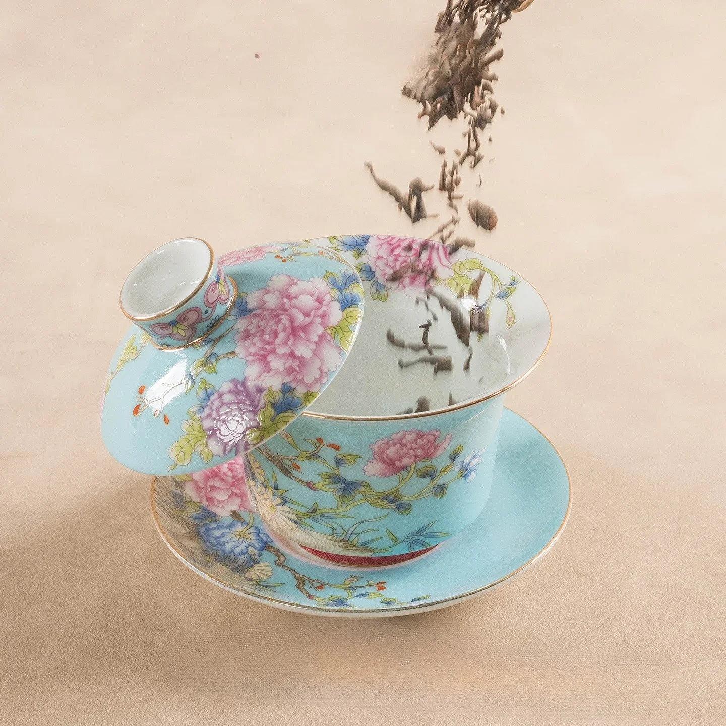 Ru Kiln Sancai Gaiwan Hoverable Tea Bowl, Non-Scalding Kung Fu Teaware, Premium Ceramic Tea Cup for Home Tea Ceremony