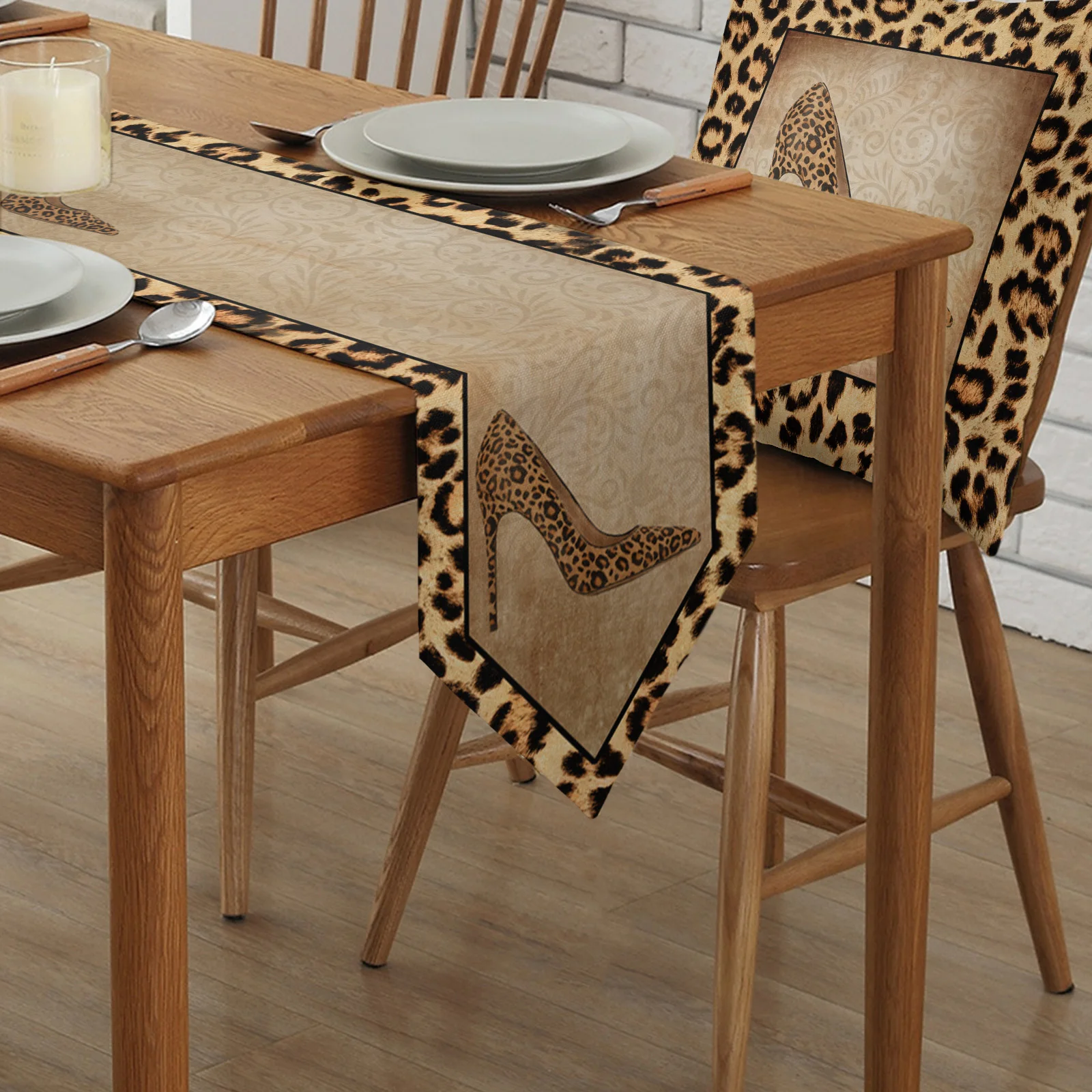 Modern Elegant Leopard Print High Heels Table Runner High Quality Cotton Linen Table Runner for Wedding Hotel Home Dinner Party