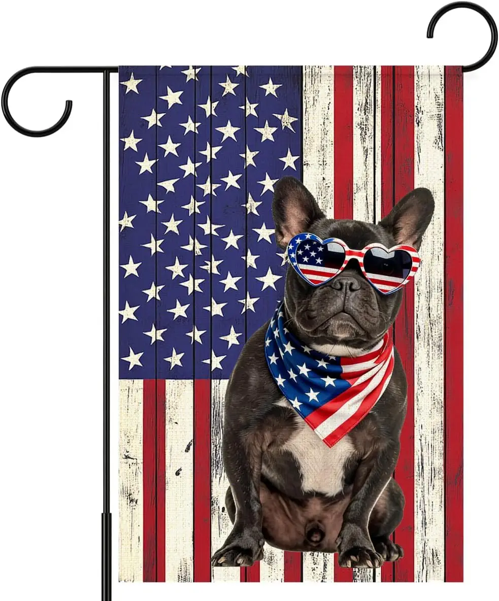 Independence Day Garden Flag for Outside,French Bulldog 4th of July Patriotic Welcome Yard Flags for Lawn Porch Outdoor Deco PPZ