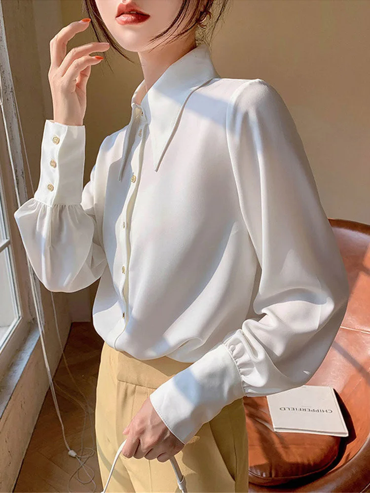 Korean Fashion Retro Elegant Simple Basic Button Down Shirt for Women Autumn White Loose Long Sleeve Office Ladies Blouses Tops