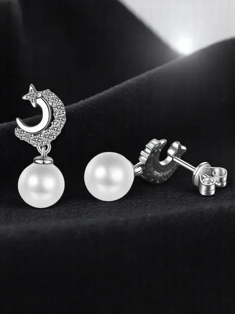 

Silver earrings jewelry Moissanite 925 sterling silver Pearl Star and Moon Earrings for Women Hoops Piercing Light luxury Gift